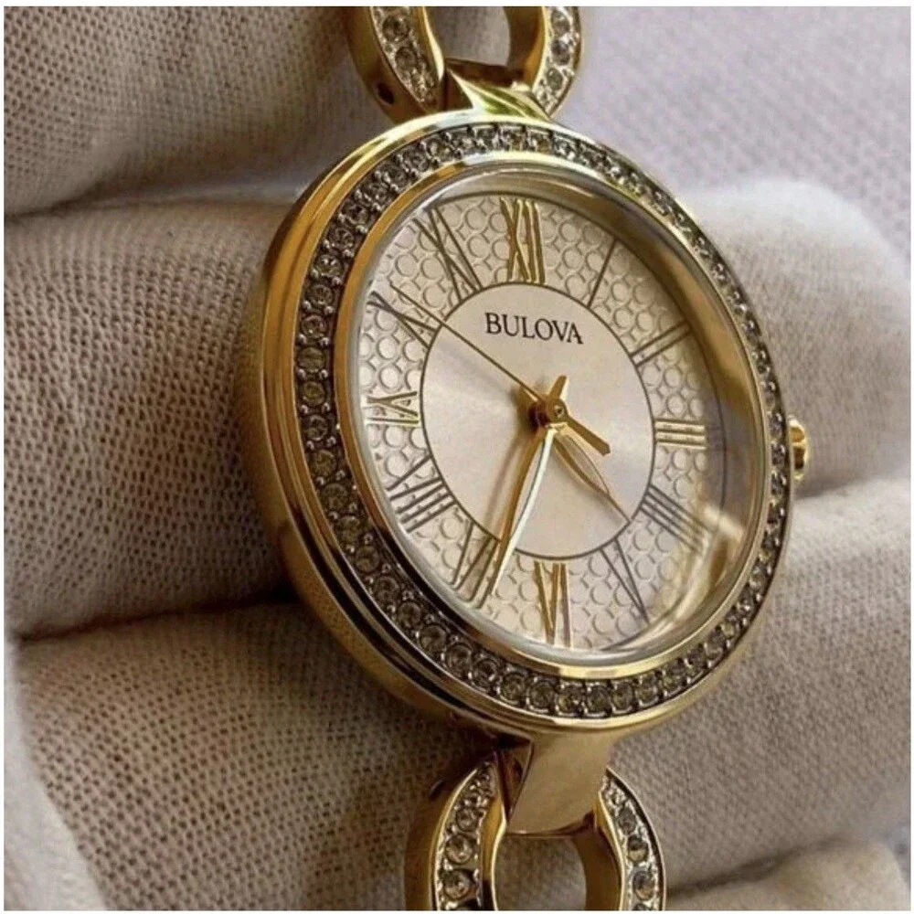 NEW!! Bulova Classic Crystal Bezel Stainless Steel Ladies Quartz Watch 98L300